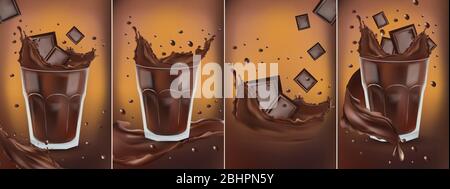 3D realistic chocolate splash in the transparent glass with pieces chocolate. Splashing dark chocolate. Hot chocolate, cocoa, cocktail or coffee drink.Banner. Vector illustration for design label Stock Vector