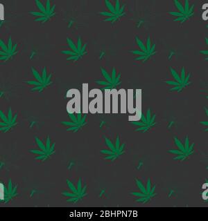seamless pattern of green leaves and green outline of hemp leaves on a dark gray background Stock Vector