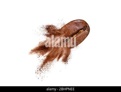 Flying coffee bean with powder splash on a white background. Stock Photo