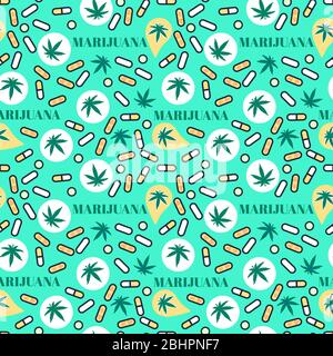 Marjuana pills Seamless pattern with leaf hemp. Organic Cannabis THC tablets. Vector texture on bright color background. Surface medical legalize Stock Vector