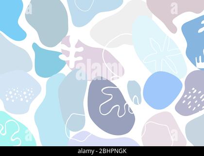 Organic background, hand drawn organic pattern with geometric blue pastel shapes and leaves, beige and blue trendy poster Stock Vector