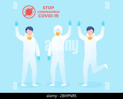 People in white protective suits. Flat vector illustration Waving hand various poses in full growth. Stock Vector