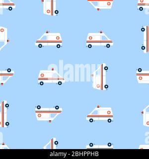 Vector seamless pattern in flat style. Endless texture, wallpaper, background, fabric print. White ambulance car with red siren light. Medical vehicle Stock Vector