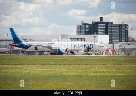 Glasgow, UK. 27th Apr, 2020. Pictured: A Kuwait Airways Boeing 777-300 Aircraft seen which has just landed at Glasgow Airport around 11.40am today during the Coronavirus (COVID19) extended lockdown. Kuwait Airways is completing the second phase of repatriation flights for Kuwait Nationals stranded overseas due to the Coronavirus outbreak. Glasgow Airport does not presently have any scheduled flights to or from Kuwait which is why this aircraft seen at Glasgow is very interesting. Credit: Colin Fisher/Alamy Live News Stock Photo