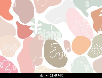 Organic background, hand drawn organic pattern with geometric pastel shapes and leaves, pink and green trendy poster Stock Vector
