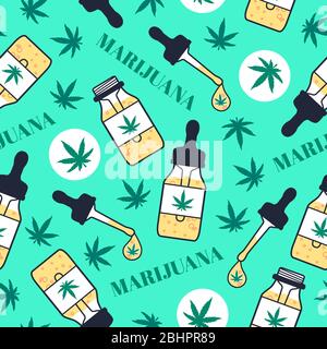 Marjuana seamless pattern. Bottle pipette with drop. Hash Cannabis Oil for vape smoking, vaporizing or eating. Vector illustration texture on green Stock Vector