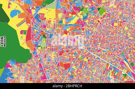 Colorful vector map of León, Guanajuato, Mexico. Art Map template for selfprinting wall art in landscape format. Stock Vector