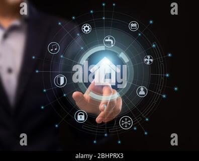 Futuristic technologies. Collage with male hand pushing SMART HOME pictogram on imaginary screen Stock Photo