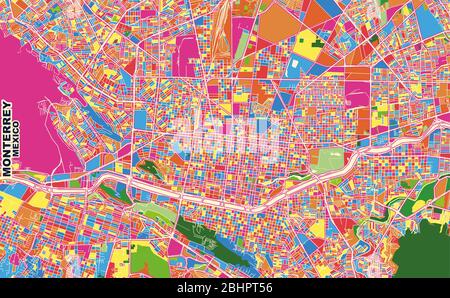 Colorful vector map of Monterrey, Nuevo León, Mexico. Art Map template for selfprinting wall art in landscape format. Stock Vector