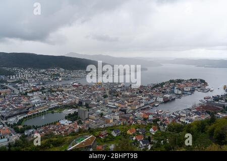 Beautiful panoramic view of Bergen from Floyen Mountain in August 2019 Stock Photo