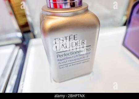 Estee Lauder Perfectinist Pro gray bottle sample on its shiny shelf in Blueport mall at Huahin, Thailand April 25,2019 Stock Photo