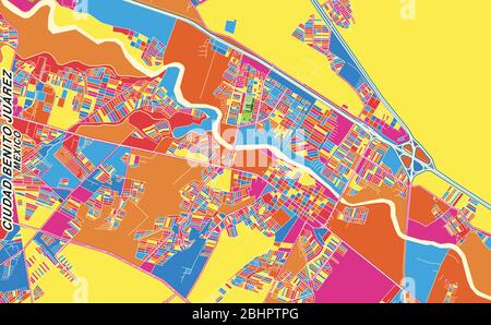 Colorful vector map of Ciudad Benito Juárez, Nuevo León, Mexico. Art Map template for selfprinting wall art in landscape format. Stock Vector