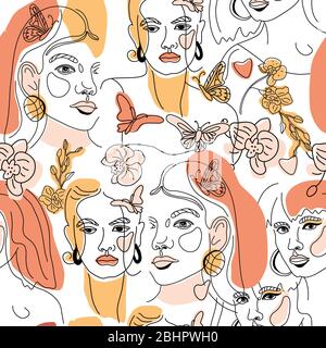 Seamless Pattern of Womans Face Minimal Line Style ol-line drawing. Abstract Contemporary color collage of geometric shapes in a modern trendy style Stock Vector