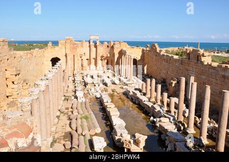 Leptis Magna in Khoms, Libya. One of the best-preserved Roman sites in the Mediterranean. Stock Photo