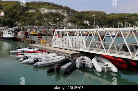 A view of dinghies tied up at The Port of Dover in Kent following being seized by Border Force officers after they were used in recent migrant crossing across The Channel as the UK continues in lockdown to help curb the spread of the coronavirus. Stock Photo