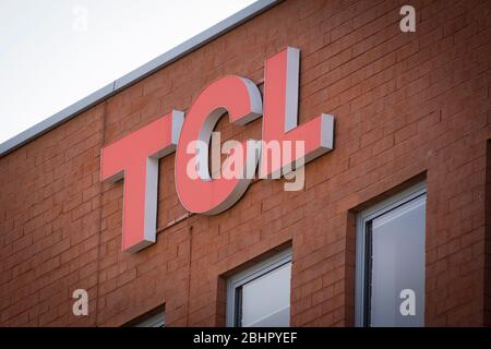 Poland. 21st Apr, 2020. The logo of partly Chinese state owned consumer electronics maker TCL is seen on April 21, 2020 in Warsaw, Poland. Poland, previously one of Europe's fastest growing economies is predicted to suffer a 2 percent shrink in GDP resulting from the coronavirus epidemic. (Photo by Jaap Arriens/Sipa USA) Credit: Sipa USA/Alamy Live News Stock Photo