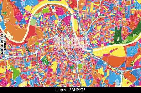 Colorful vector map of Nashville, Tennessee, U.S.A.. Art Map template for selfprinting wall art in landscape format. Stock Vector