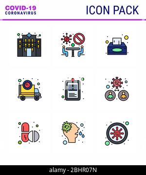 CORONAVIRUS 9 Filled Line Flat Color Icon set on the theme of Corona epidemic contains icons such as health, virus, napkin, transmission, corona viral Stock Vector