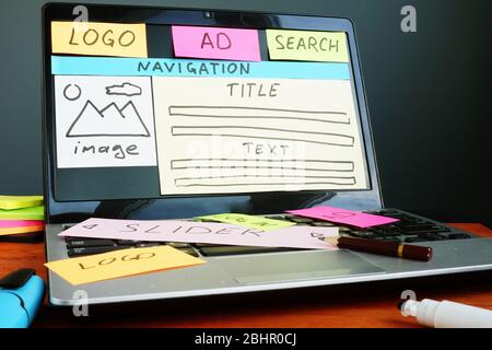Website creative plan development with drawn sketch in the design studio. Stock Photo