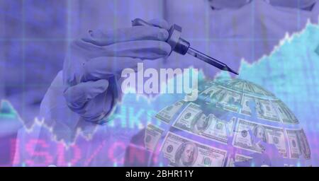 Digital illustration of scientist wearing gloves and using a pipette with dollar and globe Stock Photo
