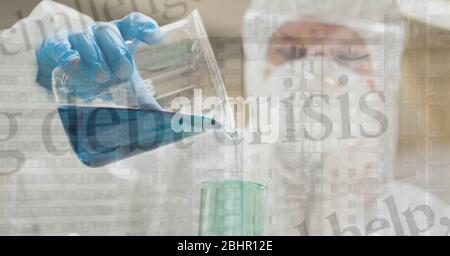 Digital illustration of doctor scientist wearing coronavirus covid19 mask and pouring a liquid ove Stock Photo
