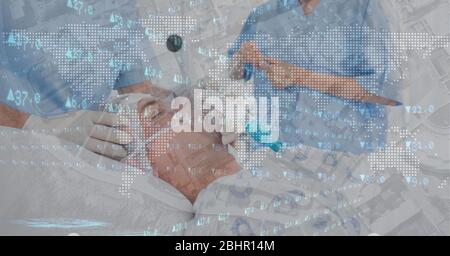 Digital illustration of a patient lying on a hospital bed wearing an oxygen mask with statistics sho Stock Photo