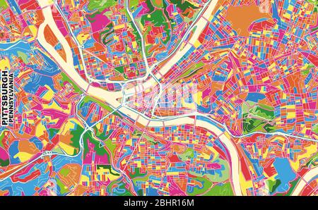 Colorful vector map of Pittsburgh, Pennsylvania, U.S.A.. Art Map template for selfprinting wall art in landscape format. Stock Vector