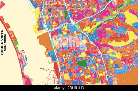 Colorful vector map of Chula Vista, California, U.S.A.. Art Map template for selfprinting wall art in landscape format. Stock Vector