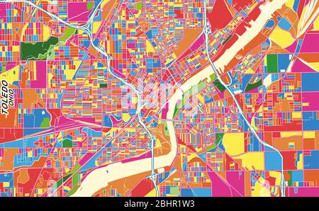 Colorful vector map of Toledo, Ohio, U.S.A.. Art Map template for selfprinting wall art in landscape format. Stock Vector