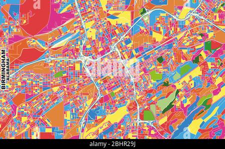 Colorful vector map of Birmingham, Alabama, USA. Art Map template for selfprinting wall art in landscape format. Stock Vector