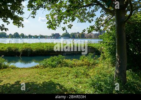 West Reservoir and the New River at Woodberry Down, near Woodberry Wetlands, North London UK Stock Photo