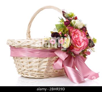 Basket Decorated Handmade. Festive Basket Decorated With Flowers