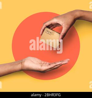 Logistics concept. Collage with African American delivery man giving parcel to customer on orange background, close up Stock Photo