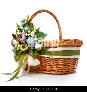 Handmade easter basket in vintage style. Isolated on white background. Stock Photo