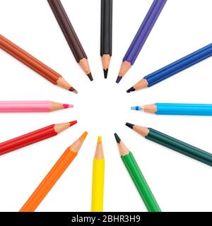 colored pencils in circle, white background Stock Photo