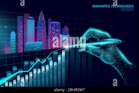 Low poly smart city 3D growing graph. Intelligent building automation system business concept. hand with pen point. Architecture urban cityscape Stock Vector
