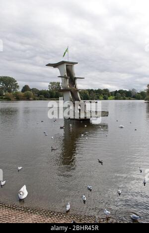 Inter War 1930s Architecture Art Deco Structure Fins Reinforced Concrete Diving Board in Lake at Coate Water, Marlborough Road, Swindon SN3 6AA Stock Photo