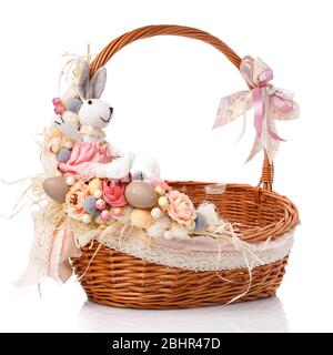 Handmade easter basket in vintage style. Isolated on white background. Stock Photo