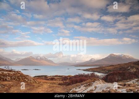 Salmon farms in Loch Torridon, Torridon, Scotland Stock Photo