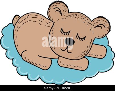 Cartoon teddy bear sleeping on a blue cloud. Suitable for children's clothing. Stock Photo