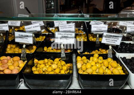 Turkish olives different mix for sale in Grand Bazaar, Egyptian outdoor market. Fresh produce in marketplace, Greek varieties also. Stock Photo