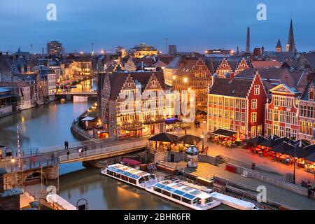 Ghent, Belgium old town cityscape from the Graslei are at dawn. Stock Photo