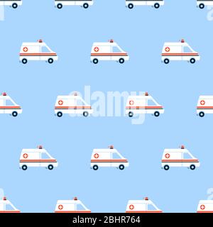 Vector seamless pattern in flat style. Endless texture, wallpaper, background, fabric print. White ambulance car with red siren light. Medical vehicle Stock Vector