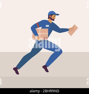 The postman runs and holds the parcel and letter in a blue uniform. Delivery service is fast. Vector illustration modern style Stock Vector