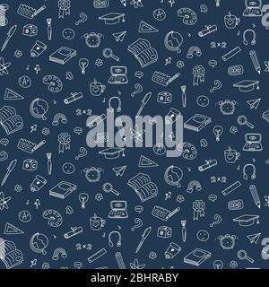 Vector seamless pattern with education back to school icons. Doodle student dark background. Stock Vector