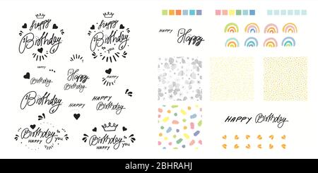 Vector happy birthday hand lettering icon set. Happy hand drawn design with seamless pattern and rainbow. Tatoo style kit. Typography set. Surface pattern design. Stock Vector