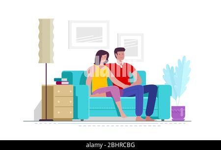 Couple at home sitting on sofa. Vector illustration Stock Vector
