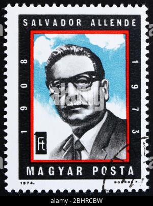 HUNGARY - CIRCA 1974: a stamp printed in the Hungary shows Salvador Allende, President of Chile, circa 1974 Stock Photo