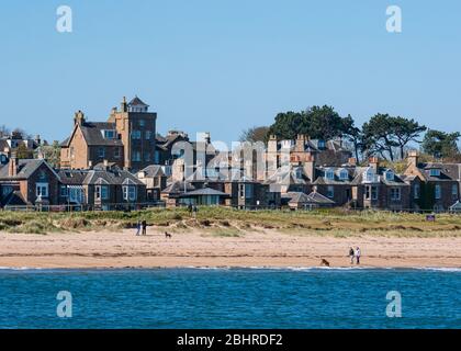 View across West Bay to Victorian seaside houses on sunny Spring day, North Berwick, East Lothian, Scotland, UK Stock Photo