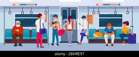 People sitting and standing inside a subway train Stock Vector